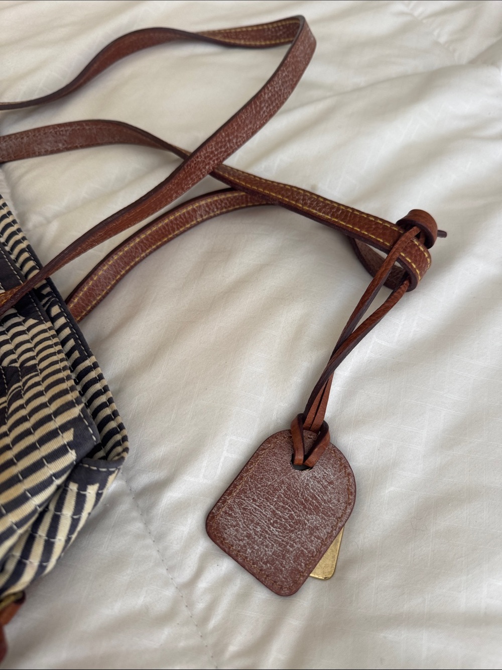 Dooney & Bourke Navy and White Sailboat Print Tote with Brown Leather Straps - Picture 3 of 6